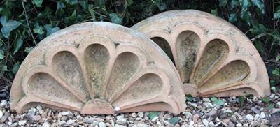 Lot 655 - A PAIR OF 19TH CENTURY STONEWARE SCALLOPED ARCHITECTURAL ELEMENTS 61cm wide x 32.5cm high