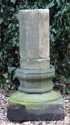 Lot 681 - AN EARLY 19TH CENTURY CARVED STONE SUNDIAL with square base and hexagonal stem 105cm high