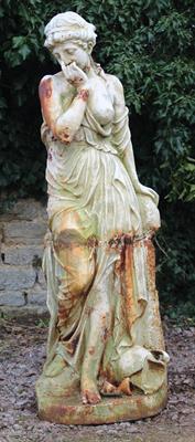 Lot 686 - A CREAM PAINTED CAST IRON STATUE of a semi clad maiden in classical costume standing over a broke ur