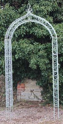 Lot 693 - A GREEN PAINTED WIREWORK ROSE ARCH with scroll and lattice decoration to the box sides 120cm wide x