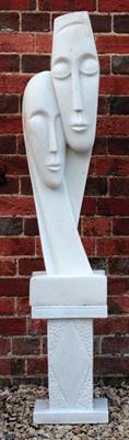 Lot 715 - A CONTEMPORARY WHITE MARBLE STATUE in the form of two elongated heads