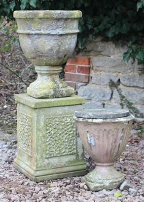 Lot 722 - A VICTORIAN CONCRETE GARDEN URN 37cm diameter x 46cm high together with an old cast concrete plinth