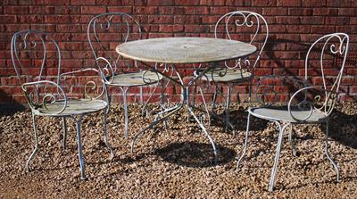 Lot 727 - A CIRCULAR LIGHT BLUE PAINTED WROUGHT IRON GARDEN TABLE with pierced top and scrolling support 96.5c