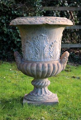 Lot 738 - A VICTORIAN TERRACOTTA URN of campana form with acanthus leaf decoration