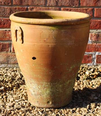 Lot 747 - AN OLD GREEK TERRACOTTA FLOWER POT of waisted cylindrical form 42cm wide x 46cm high