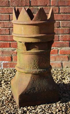 Lot 751 - AN OLD TERRACOTTA CROWN TOPPED CHIMNEY POT 35cm diameter x 77cm high