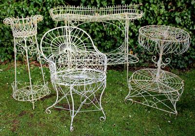 Lot 761 - LATE 19TH / EARLY 20TH CENTURY WHITE PAINTED WIREWORK CONSERVATORY FURNITURE and plant stands consis