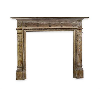 Lot 765 - A GEORGIAN PINE FIRE SURROUND with neo classical decoration with urn and husk swags 146cm wide x 126