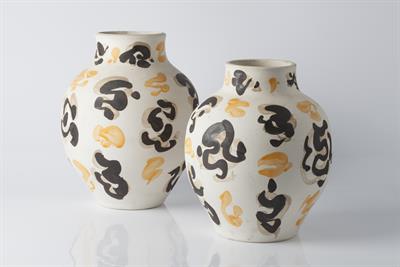 Lot 14 - Geoffrey Eastop (British, 1921-2014)
Two vases
painted with black and yellow abstract motifs
each