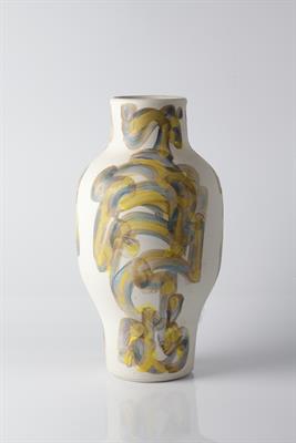 Lot 15 - Geoffrey Eastop (British, 1921-2014)
Vase
painted with yellow, blue and pink abstract motifs
painted