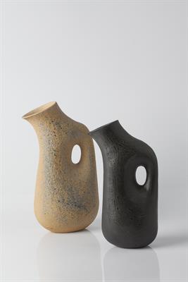 Lot 20 - Geoffrey Eastop (British, 1921-2014)
Two jugs, circa 1992
thrown and altered black stoneware
painted