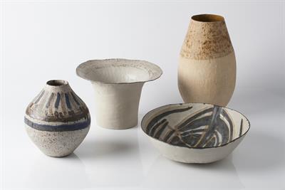 Lot 121 - Betty Blandino (British, 1927-2011)
Three vases and a bowl
coiled 
the bowl impressed potter's