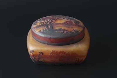 Lot 171 - Daum of Nancy
River landscape pot and cover
cameo glass in oranges
signed in cameo 'Daum