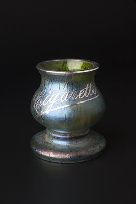 Lot 173 - Loetz of Austria
Art Nouveau silver overlaid 'Cigarettes' vase
green iridescent glass
8