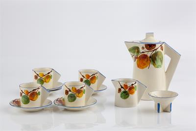 Lot 207 - Clarice Cliff (British, 1899-1972) (attributed to)
Coffee set
comprising coffee pot, milk jug, sugar