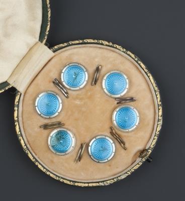 Lot 231 - Child & Child
Set of six Arts & Crafts enamel buttons
blue guilloché enamel within a white enamel