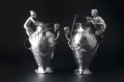 Lot 260 - WMF
Pair of Art Nouveau silvered metal vases, circa 1905
each modelled as a boy fishing with a