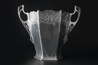 Lot 261 - WMF
Art Nouveau silvered metal twin handled vase, circa 1905
sinuous scrolling motifs
stamped