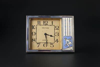 Lot 291 - Waltham of America
Art Deco eight day desk clock
chrome and enamel depicting a lady skiing
10