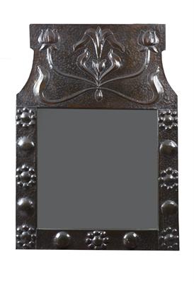 Lot 300 - Art Nouveau
Wall mirror
hammered copper, with sinuous floral motifs
84cm x 60