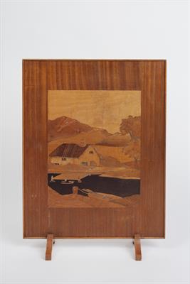 Lot 307 - Rowley Gallery (attributed to)
'Cottage and River' firescreen
marquetry panel inset to the