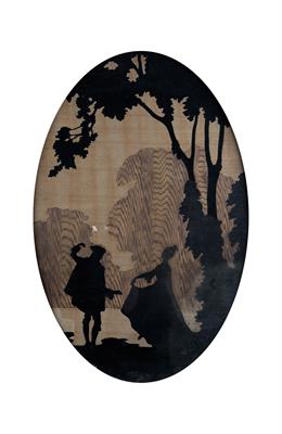 Lot 308 - Rowley Gallery
Oval marquetry panel
depicting two figures dancing, in the manner of a fête galante