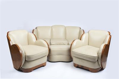 Lot 328 - Harry & Lou Epstein (attributed to)
Art Deco figured walnut and leather four piece 'Cloud' suite