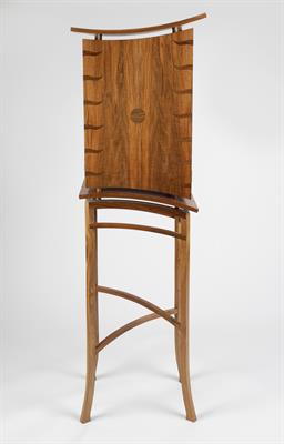 Lot 352 - Derek Elliott (British, Contemporary)
Standing walnut cabinet
of pagoda form, inlaid cupboard doors