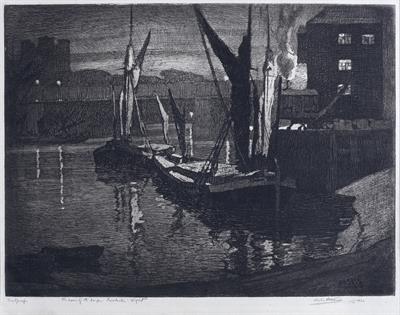 Lot 356 - Leslie Moffat Ward (British, 1888-1978)
'The home of the barges: Rochester, Night', 1922
signed