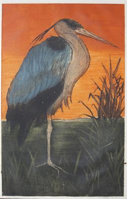 Lot 429 - Penelope Jackson (British, 20th Century)
Blue Heron
artist's proof, signed, titled and inscribed in