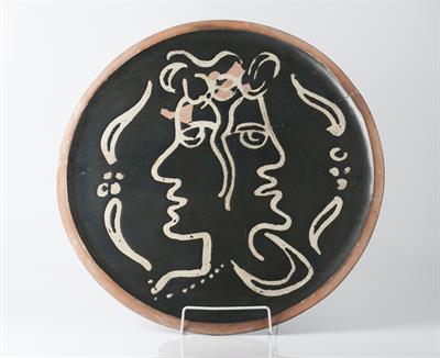 Lot 441 - John Piper (British, 1903-1992)
'Janus head' dish, 1972
press-moulded dish painted by Piper in wax