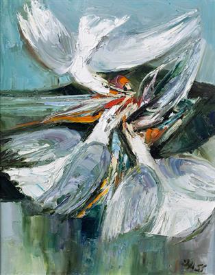 Lot 549 - Donald Pass (British, 1930-2010)
Seagulls Feeding, 1968	
signed (lower right), titled and dated (to