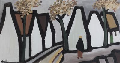 Lot 585 - John Markey Robinson (British, 1918-1999)
Figure and Village
signed (lower left)
oils on board
30cm