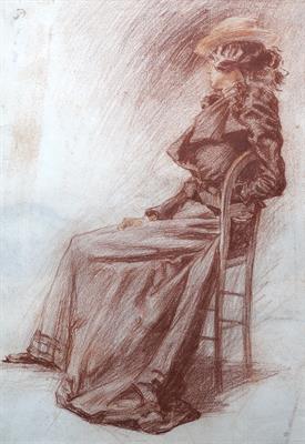 Lot 590 - Nell Marion (née Tenison) Cuneo (British, 1867-1953)
Elegant lady seated
red chalks 
41cm x 26