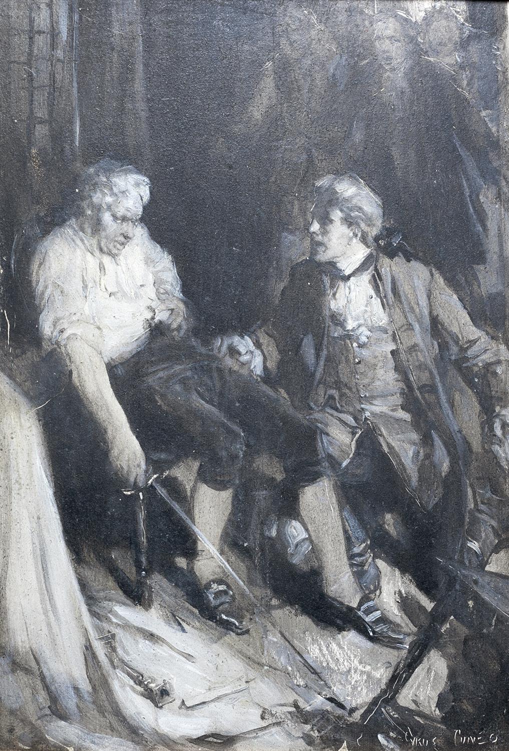 Lot 591 - Cyrus Cuneo (American, 1879-1916)
'George knelt beside the chair ready to support him in case of