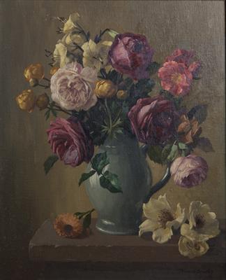 Lot 602 - Thomas Bradley (British, 1899-1993)
Roses and Lilies 
signed (lower right)
oils on board
49