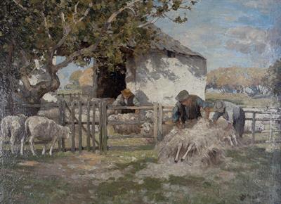 Lot 619 - William MacBride (British, 1856-1913)
Sheep shearing
signed (lower right)
oils on canvas
44cm x 59