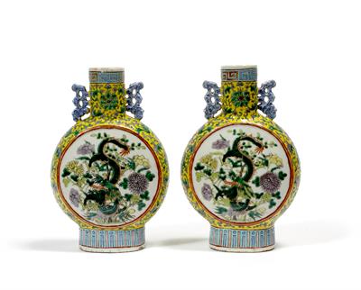 Lot 64 - A pair of Chinese porcelain pilgrim flask style vases