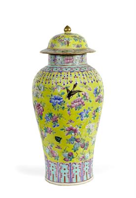 Lot 73 - A Chinese Canton yellow ground baluster vase and cover