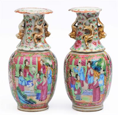 Lot 108 - A pair of Chinese Canton small baluster vases