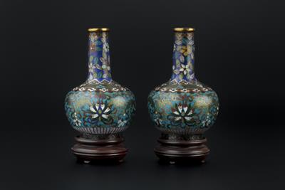 Lot 204 - A pair of Chinese cloisonne bottle vases