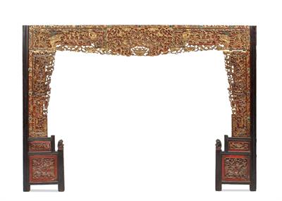 Lot 300 - A Chinese carved red lacquer and gilt bed frame