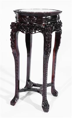 Lot 389 - A Chinese rosewood and marble tall urn stand