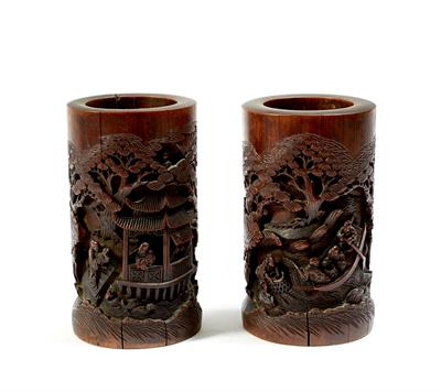 Lot 395 - A pair of Chinese bamboo brush pots