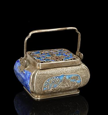 Lot 430 - A Chinese silver and blue enamel incense burner