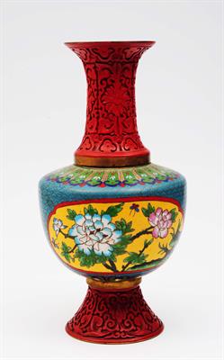 Lot 460 - A Chinese cinnabar lacquer and cloisonne baluster vase