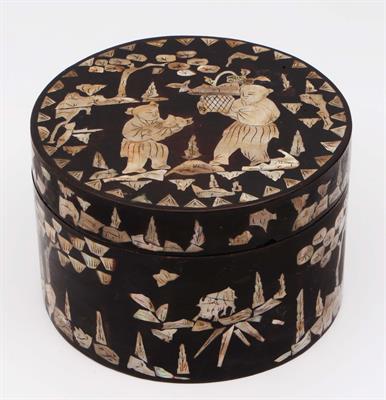 Lot 462 - A Chinese black lacquer and mother of pearl circular box and cover