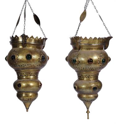 Lot 541 - A pair of Moorish brass mosque type lamps