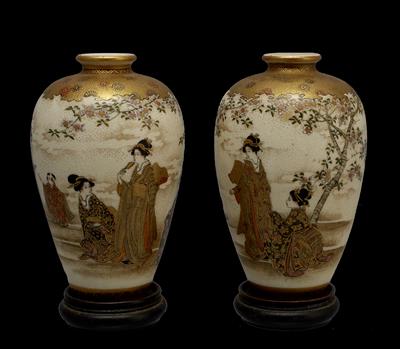 Lot 555 - A pair of Japanese Satsuma miniature ovoid form vases