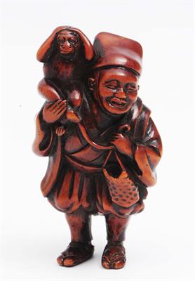Lot 556 - A Japanese wood netsuke of a Sarumawashi
